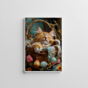 raxxa Glas-Magnet: Cute Cat Sleeping in Wicker Basket Surrounded by Easter Eggs