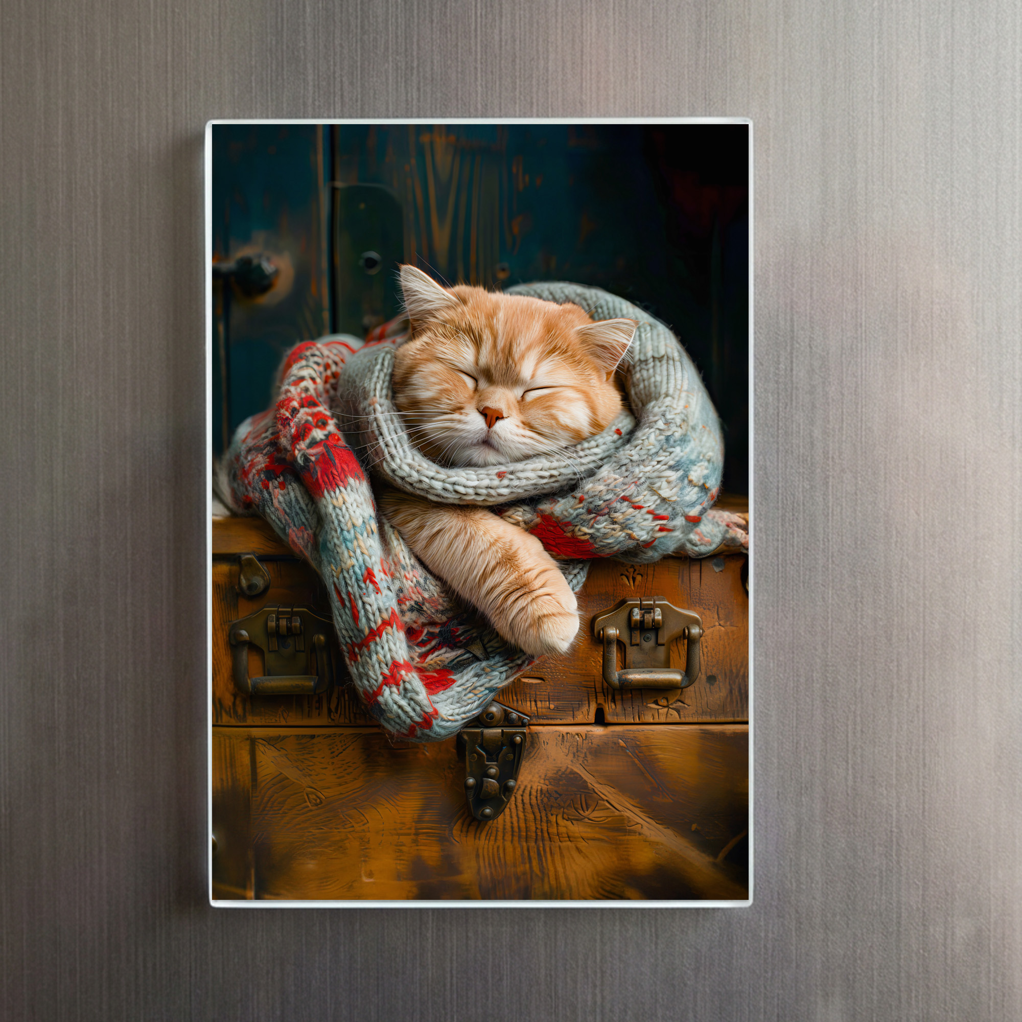raxxa Glas-Magnet: Cozy Cat Napping in Comfortable Setting on a wooden box - immagine 2