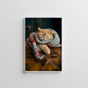 raxxa Glas-Magnet: Cozy Cat Napping in Comfortable Setting on a wooden box