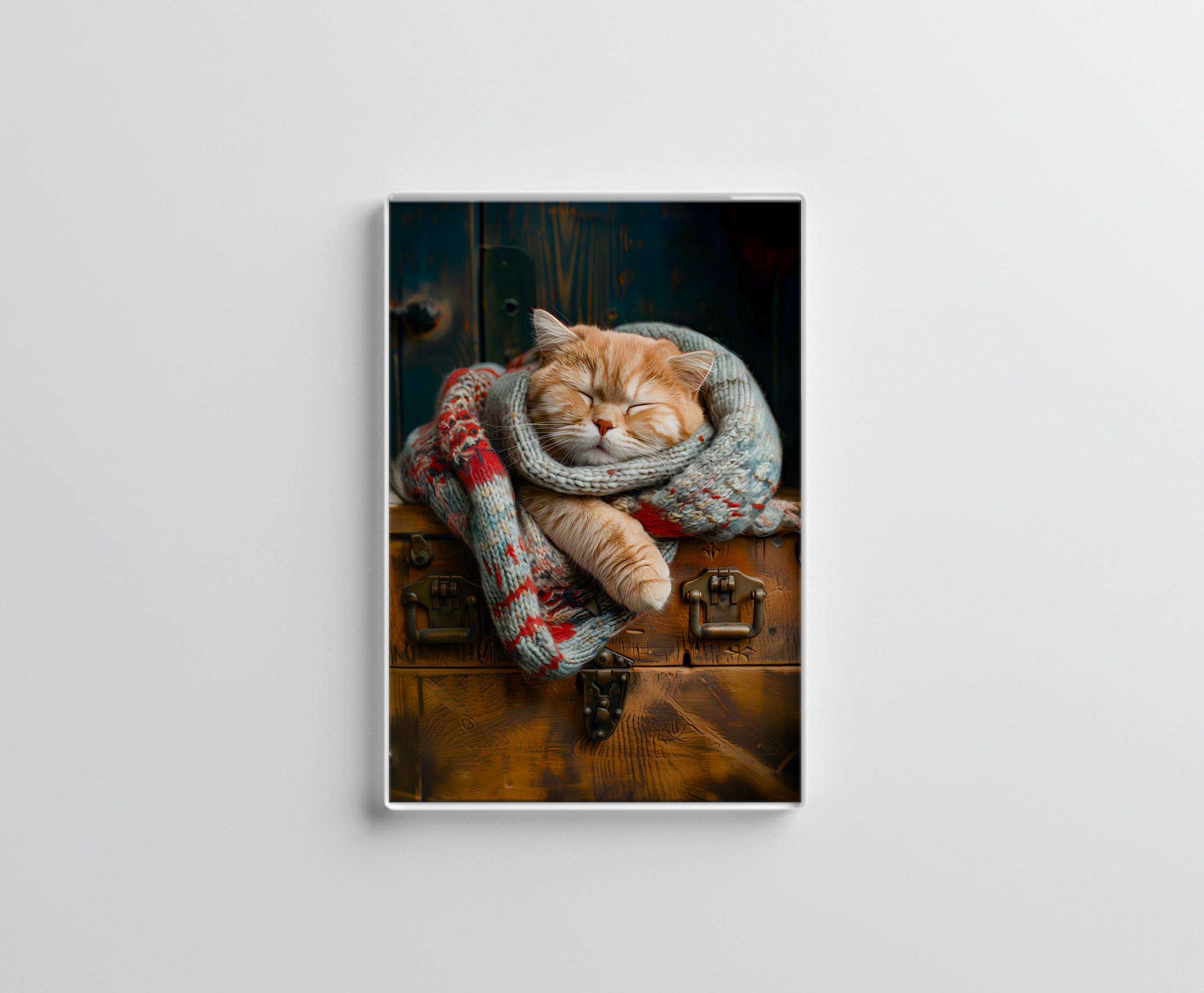 raxxa Glas-Magnet: Cozy Cat Napping in Comfortable Setting on a wooden box