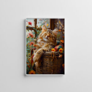 raxxa Glas-Magnet: Cozy Cat Napping in Comfortable Setting in a basket
