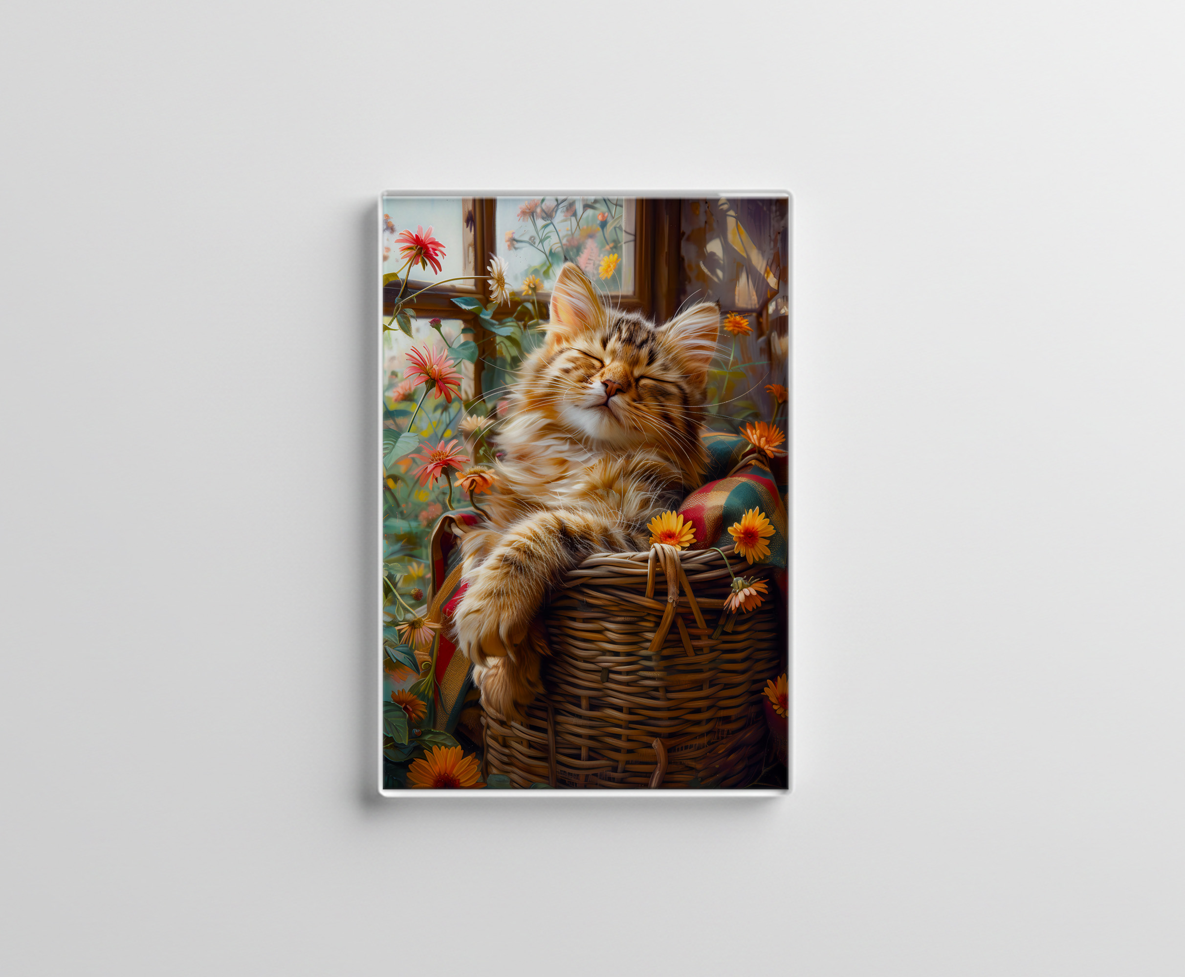 raxxa Glas-Magnet: Cozy Cat Napping in Comfortable Setting in a basket