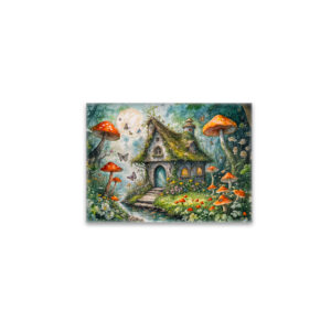raxxa Glas-Magnet: Whimsical Cottage by Stream with Giant Red Mushrooms