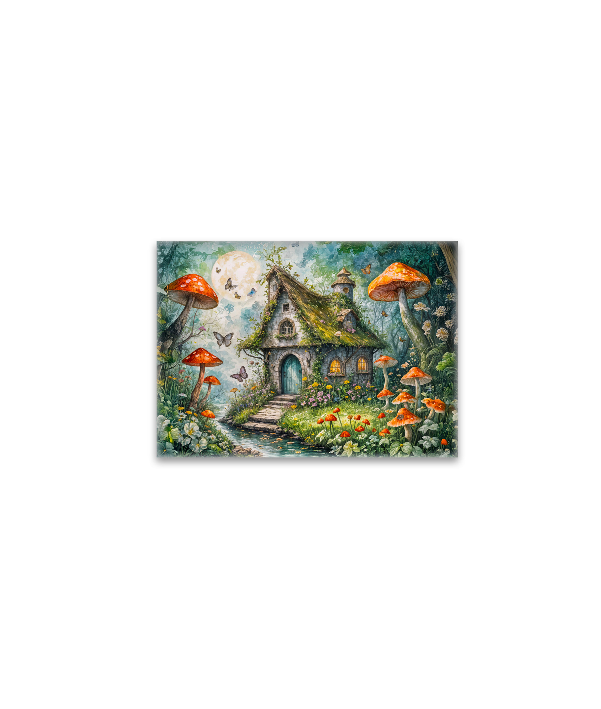raxxa Glas-Magnet: Whimsical Cottage by Stream with Giant Red Mushrooms