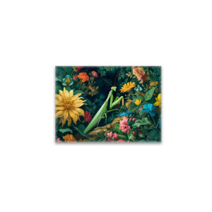 raxxa Glas-Magnet: Praying Mantis with Dahlias and Other Garden Blooms Illustration
