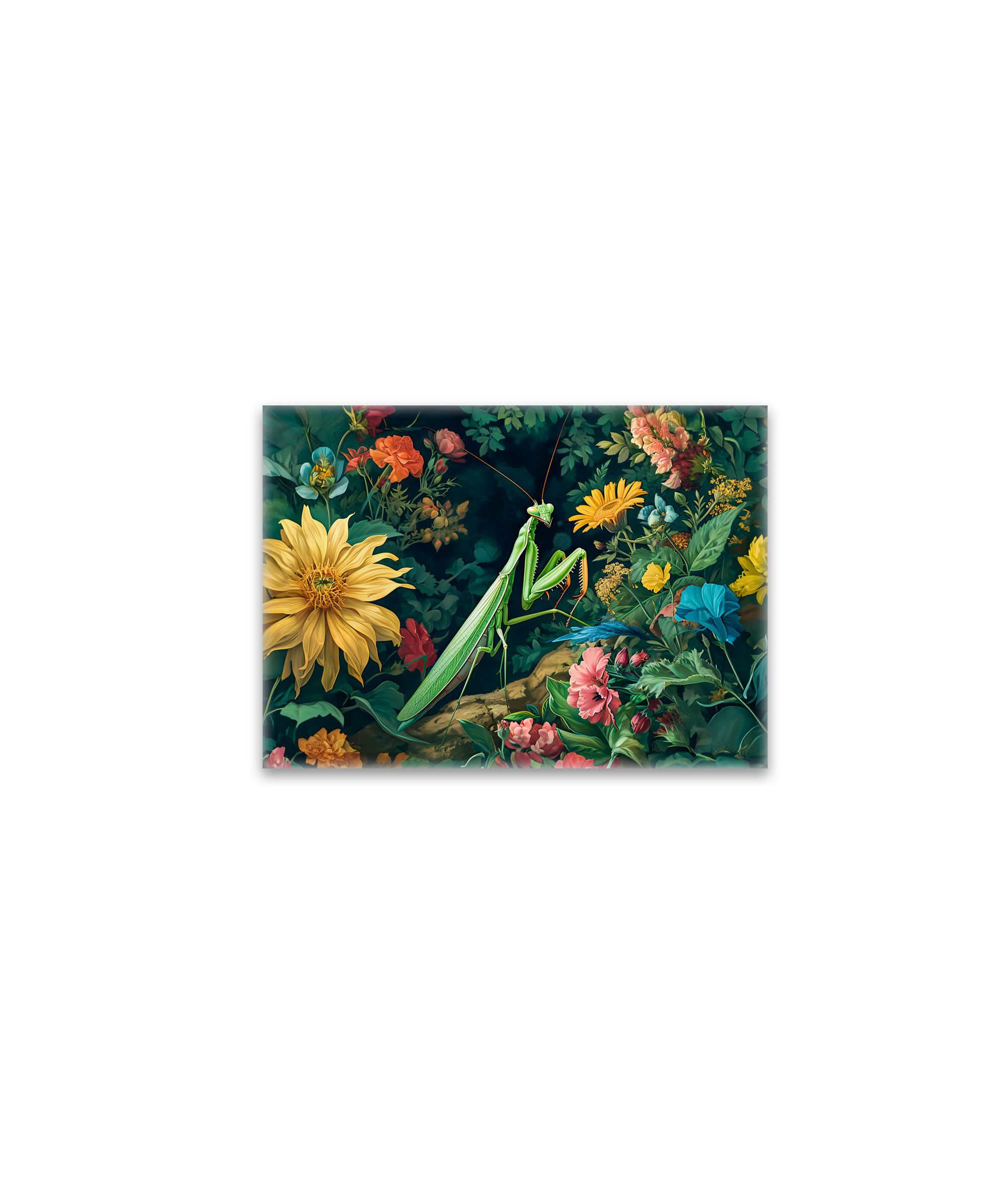 raxxa Glas-Magnet: Praying Mantis with Dahlias and Other Garden Blooms Illustration