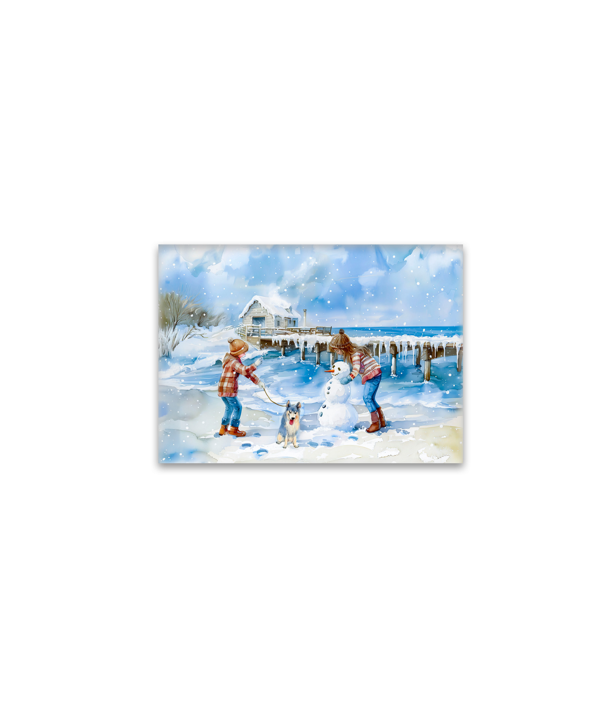 raxxa Glas-Magnet: Boy girl and dog playing on winter beach watercolor