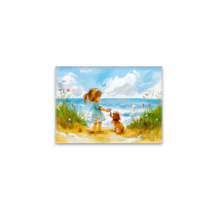 raxxa Glas-Magnet: Girl with dog playing at beach watercolor