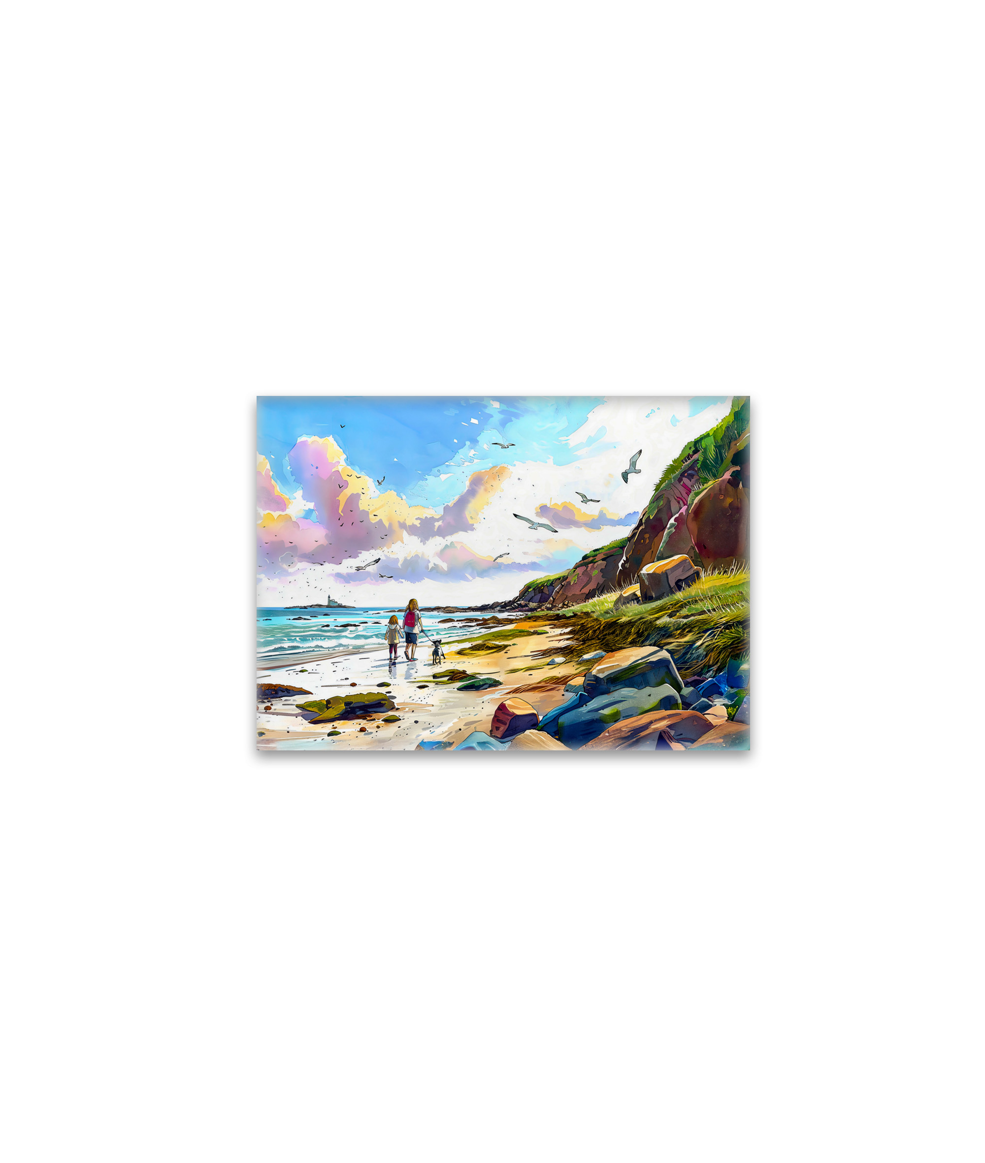 raxxa Glas-Magnet: Mother and child walking dog on beach watercolor