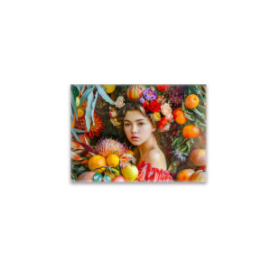 raxxa Glas-Magnet: Woman with mixed fruits and floral decor