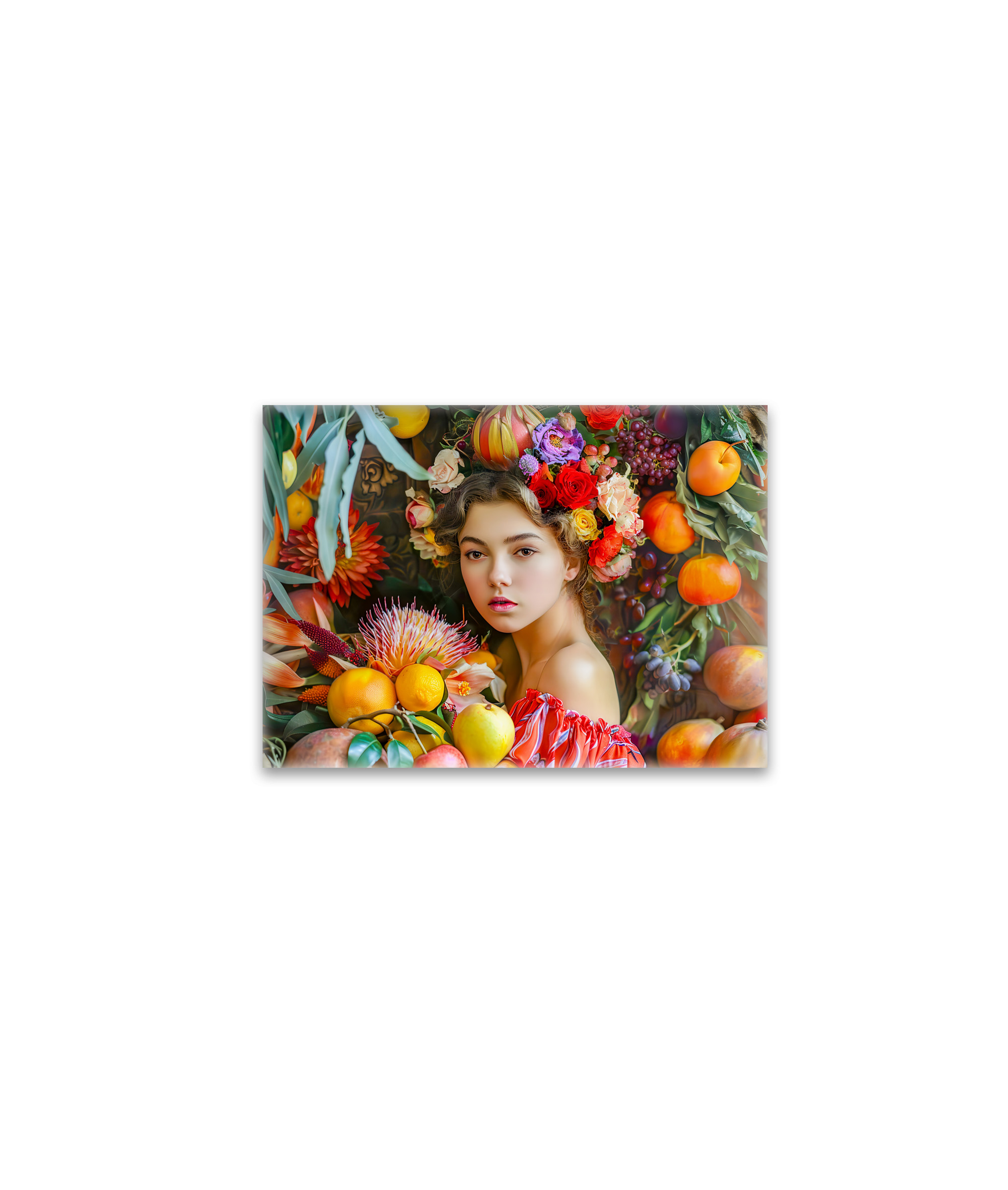 raxxa Glas-Magnet: Woman with mixed fruits and floral decor