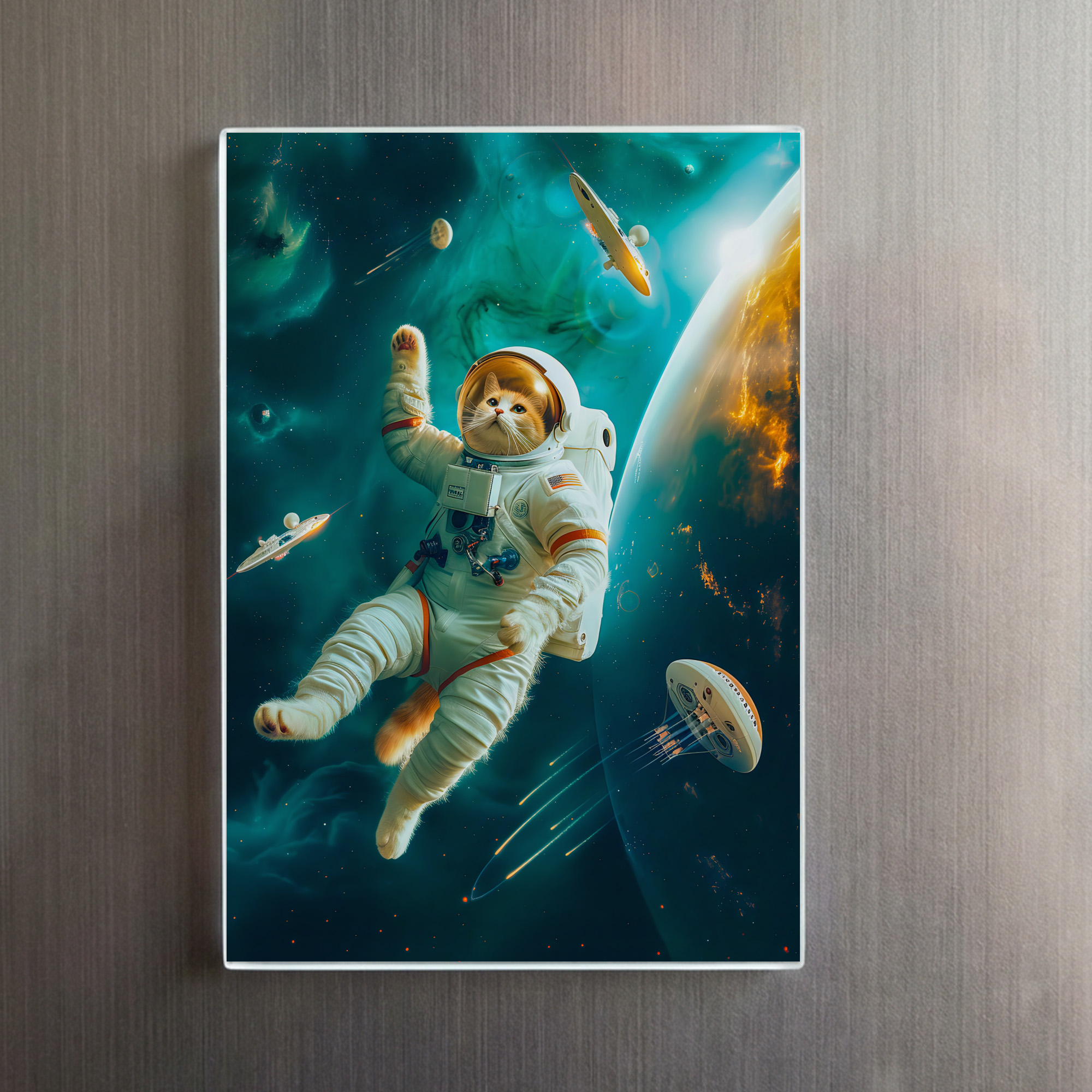 raxxa Glas-Magnet: Orange cat floating in space with debris - Imagen 2