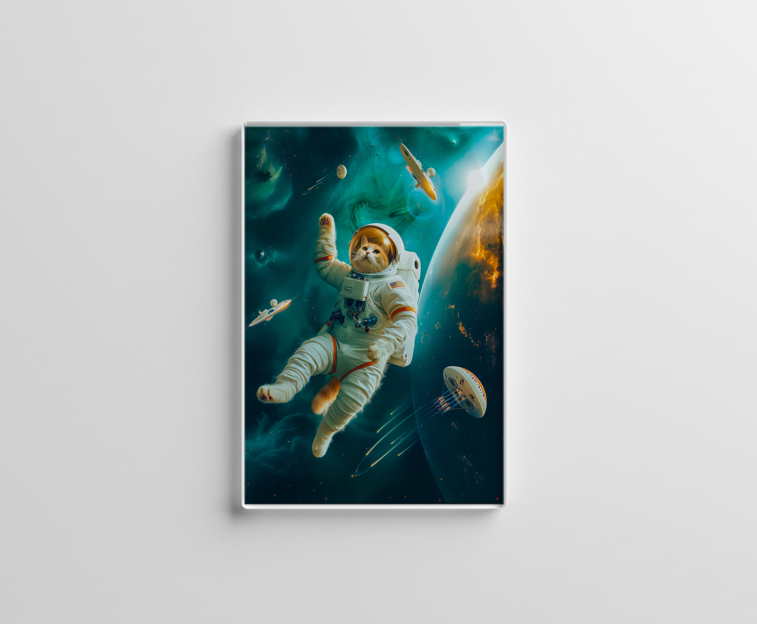 raxxa Glas-Magnet: Orange cat floating in space with debris