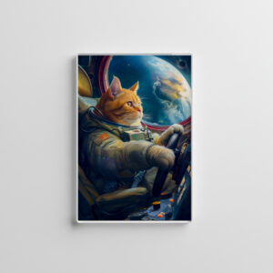 raxxa Glas-Magnet: Orange cat piloting spacecraft in orbit