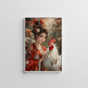 raxxa Glas-Magnet: Girl with Rooster Chinese Zodiac Art