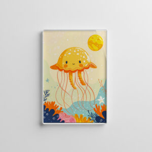 raxxa Glas-Magnet: Cartoon of Jellyfish Floating by Coral Reef
