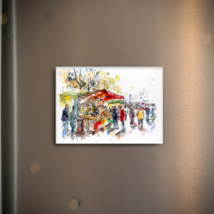 raxxa Glas-Magnet: watercolor of a bustling weekly market in Berlin Mitte