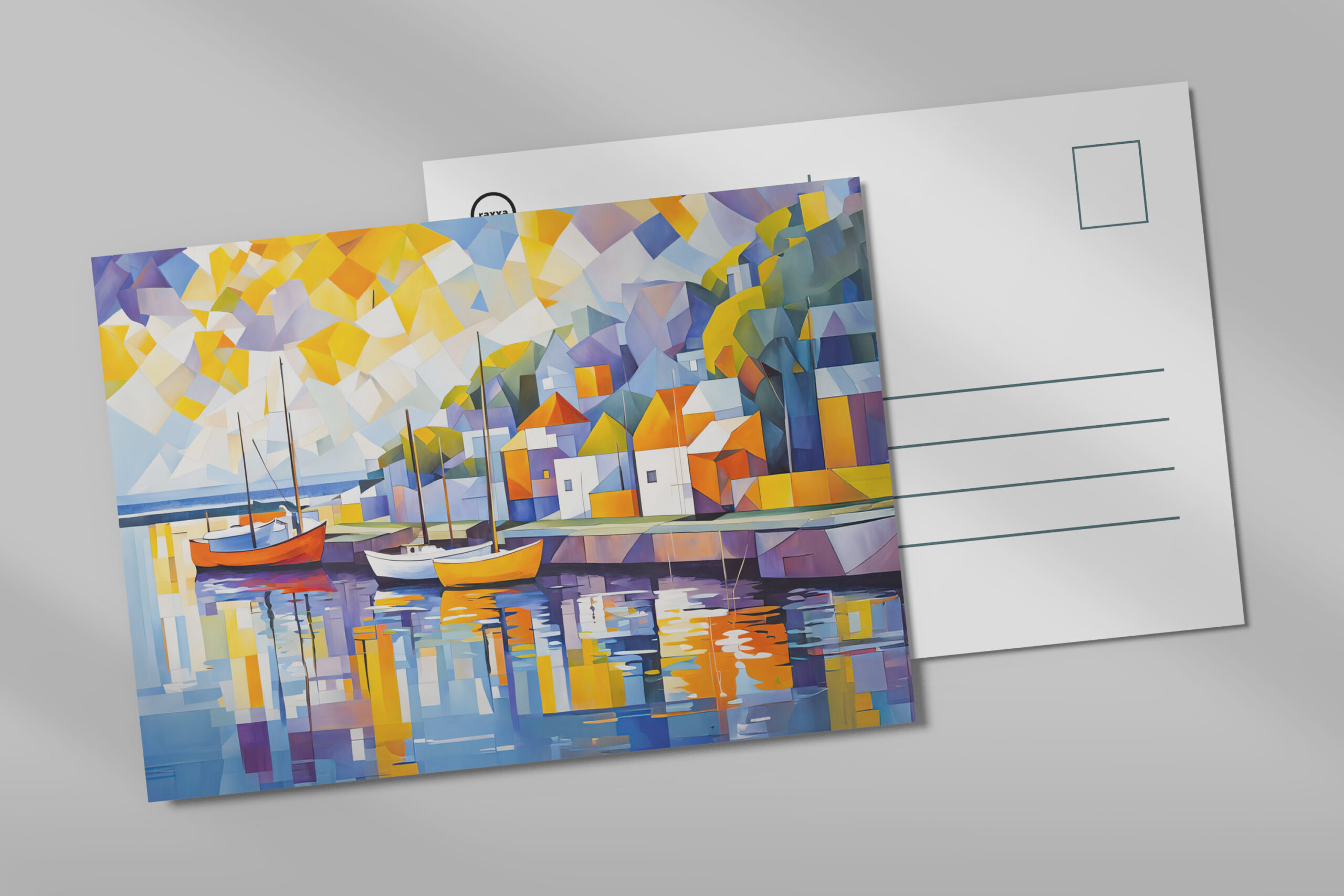 raxxa Postkarte: Cubist Mediterranean Town with Boats
