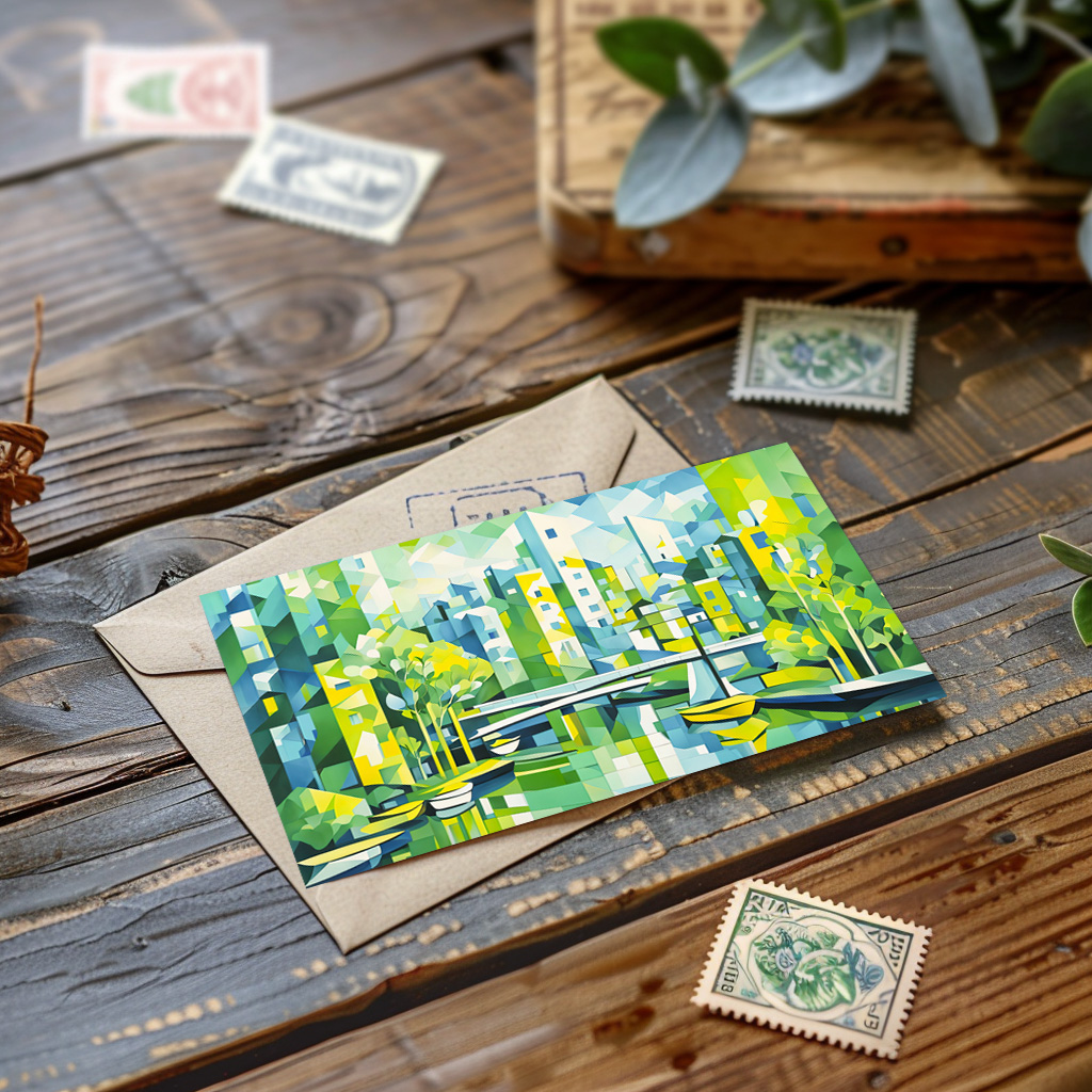 raxxa Postkarte: Cubist Green City with Bridge