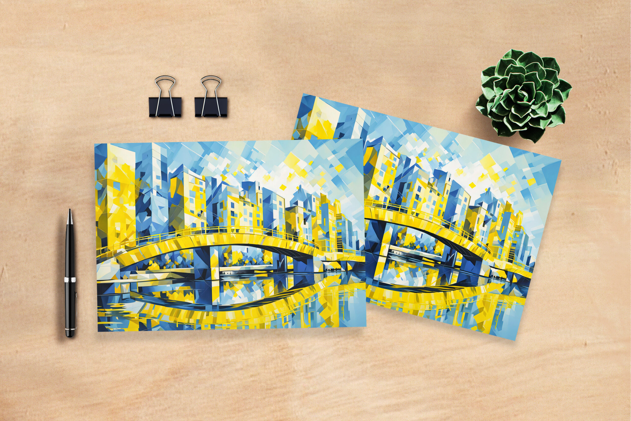 raxxa Postkarte: Cubist Yellow Bridge Over River