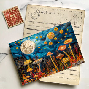 raxxa Postkarte: Abstract watercolor illustration of full moon over meadow with mushrooms