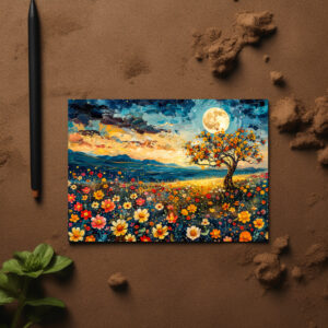 raxxa Postkarte: Abstract watercolor illustration of full moon over wildflower meadow
