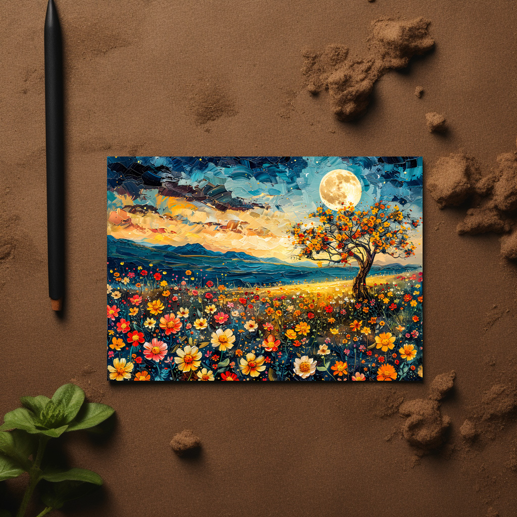 raxxa Postkarte: Abstract watercolor illustration of full moon over wildflower meadow