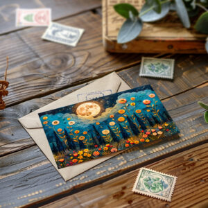 raxxa Postkarte: Abstract watercolor illustration of full moon and clouds over forest with glowing flowers