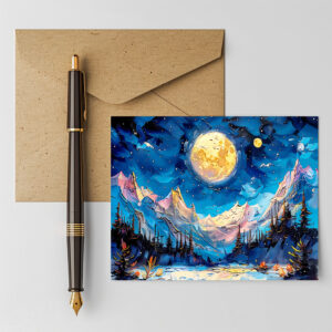 raxxa Postkarte: Abstract watercolor illustration of full moon over snowy mountains