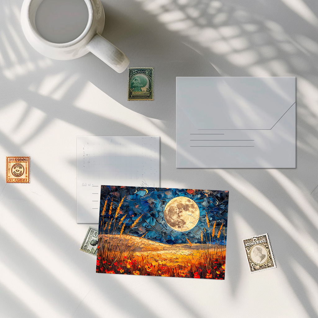 raxxa Postkarte: Abstract watercolor illustration of full moon over grassy field