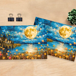 raxxa Postkarte: Abstract watercolor illustration of full moon reflection in lake