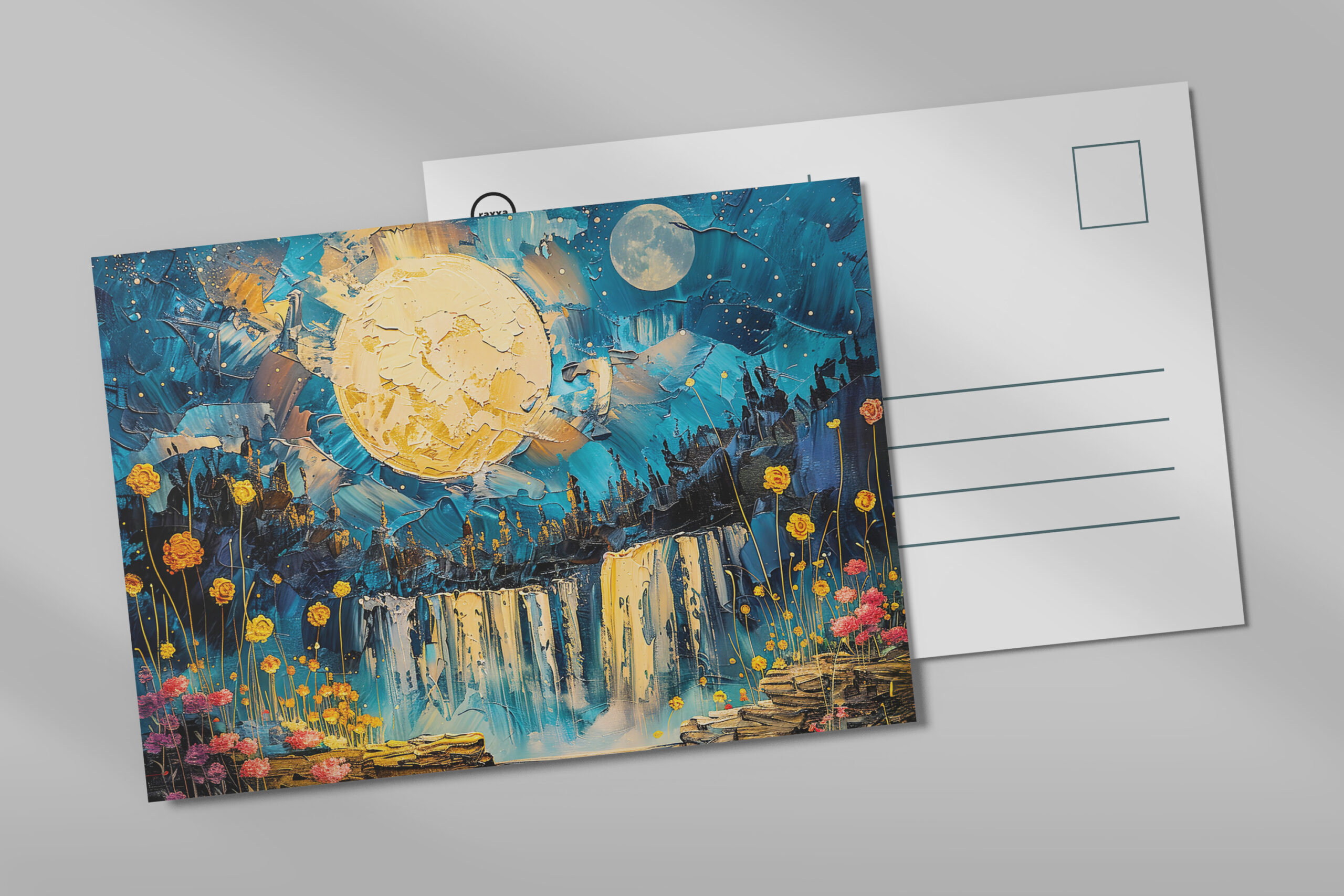 raxxa Postkarte: Abstract watercolor illustration of full moon over waterfall