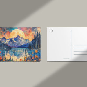 raxxa Postkarte: Abstract watercolor illustration of full moon over snowy mountains and lake
