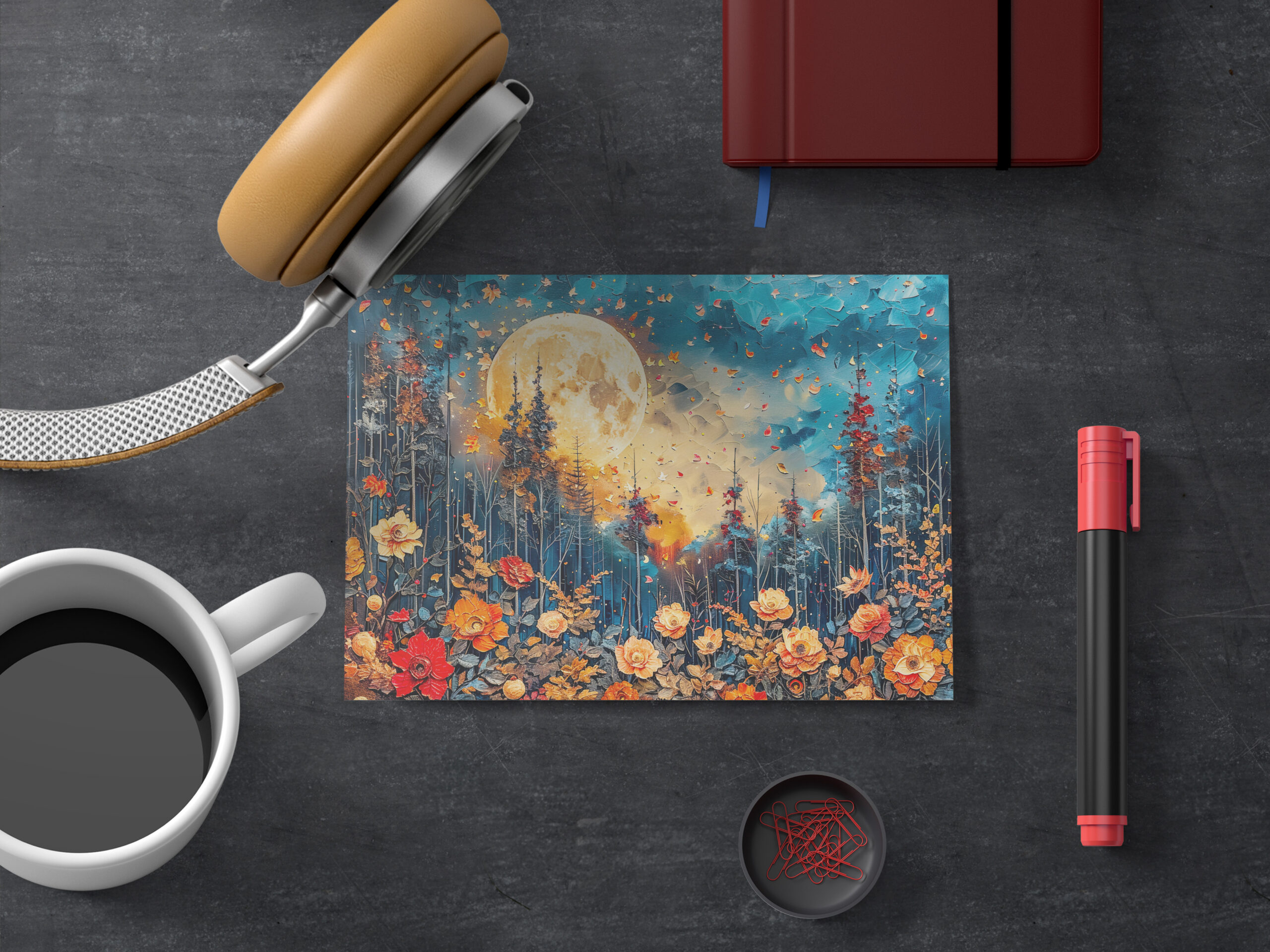 raxxa Postkarte: Abstract watercolor illustration of full moon over forest