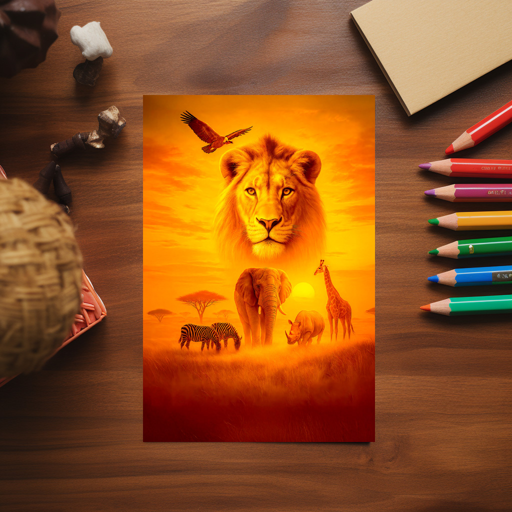 raxxa Postkarte: Double Exposure African Wildlife Scene with Lion and Elephants