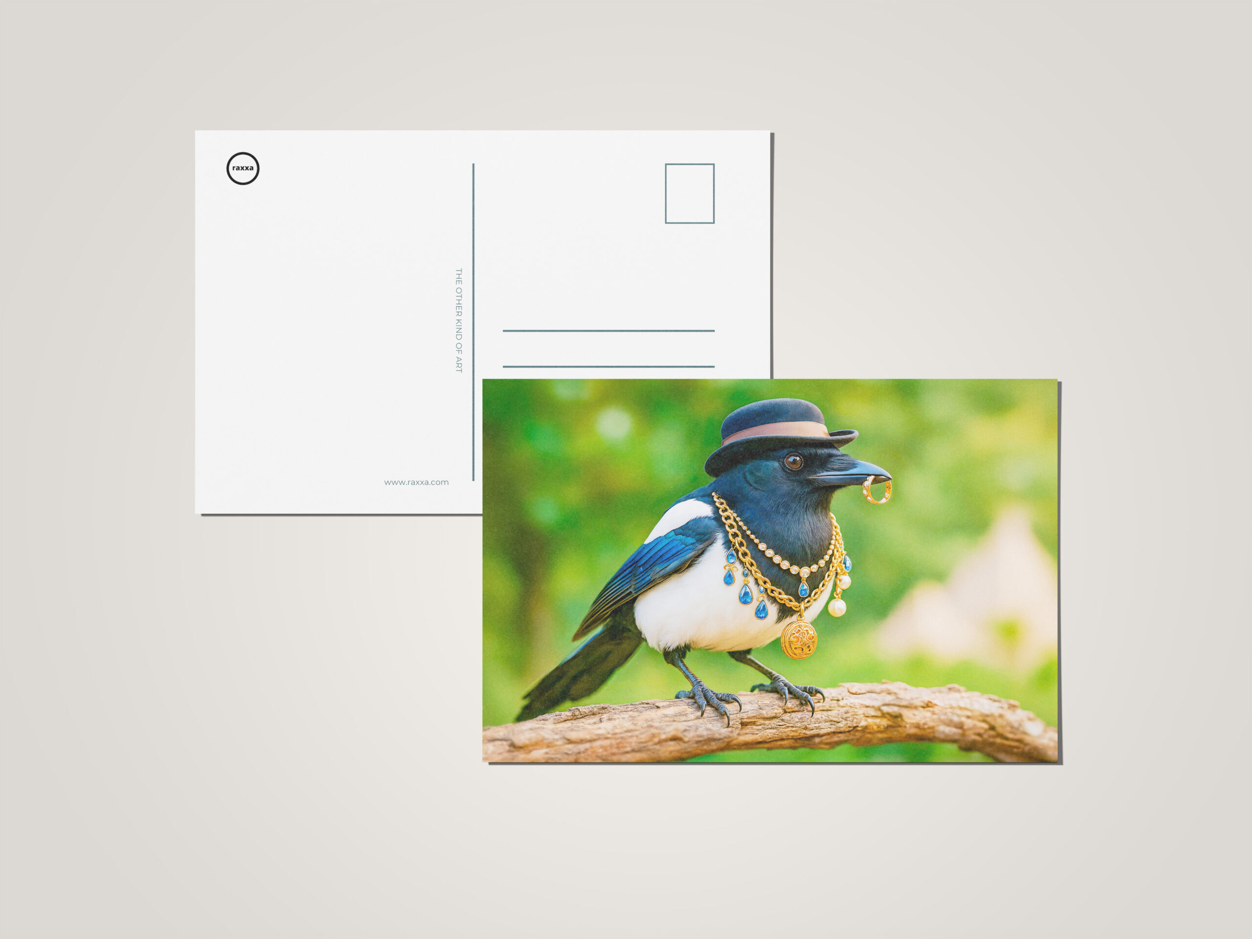 raxxa Postkarte: Magpie Covered in Jewelry and Gems