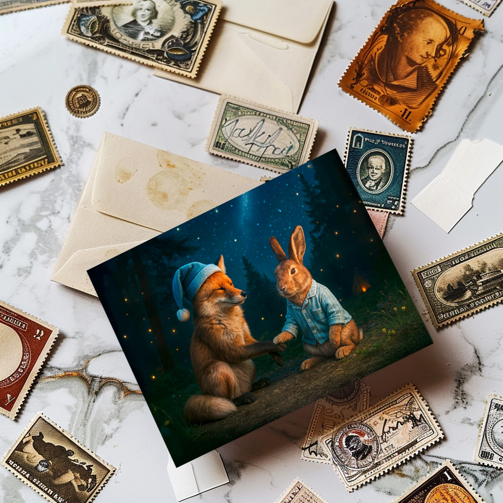 raxxa Postkarte: Fox and Hare Say Goodnight in Forest