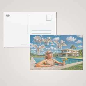 raxxa Postkarte: Rich Woman Watches Flying Cows from Pool