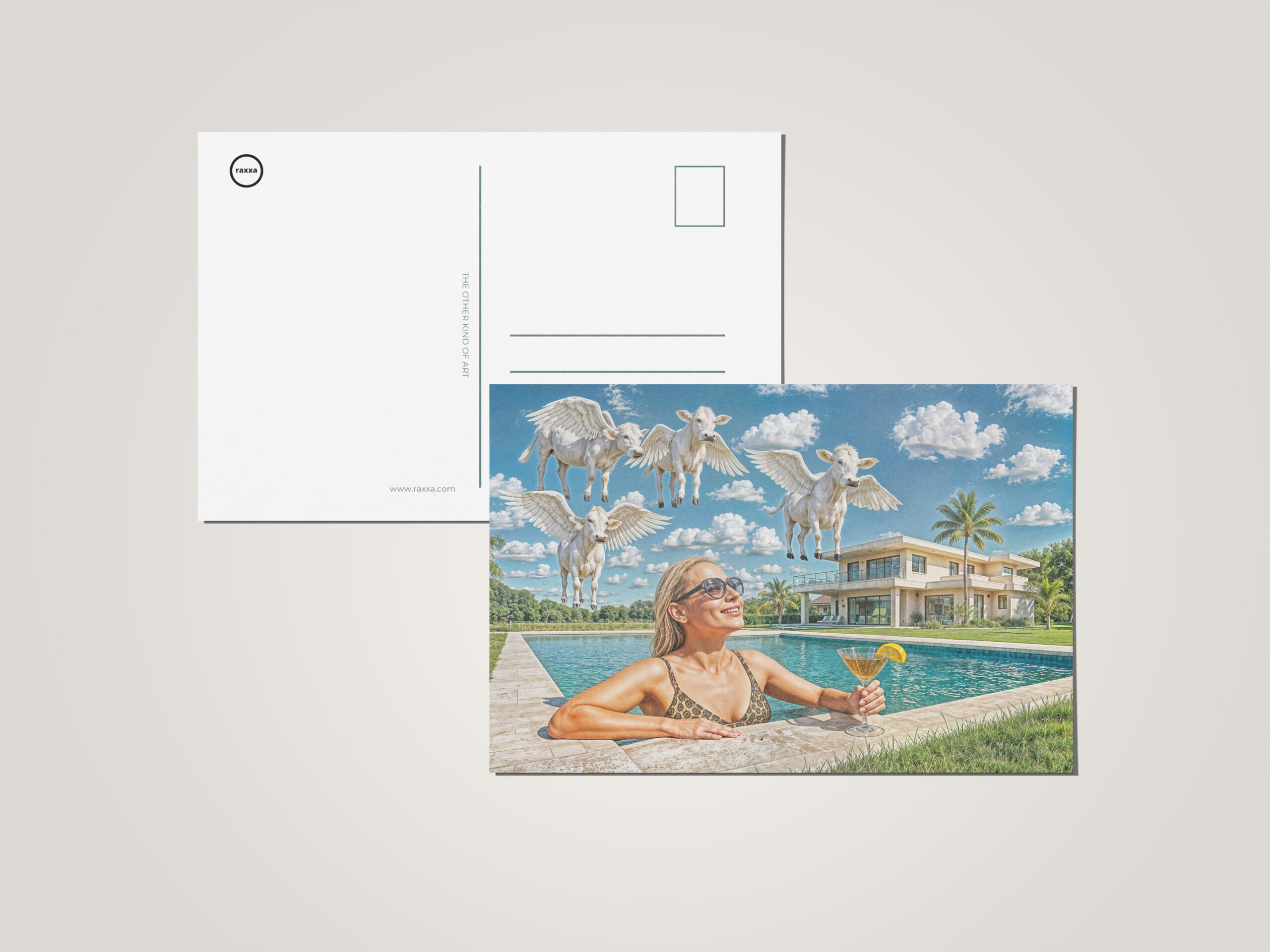 raxxa Postkarte: Rich Woman Watches Flying Cows from Pool