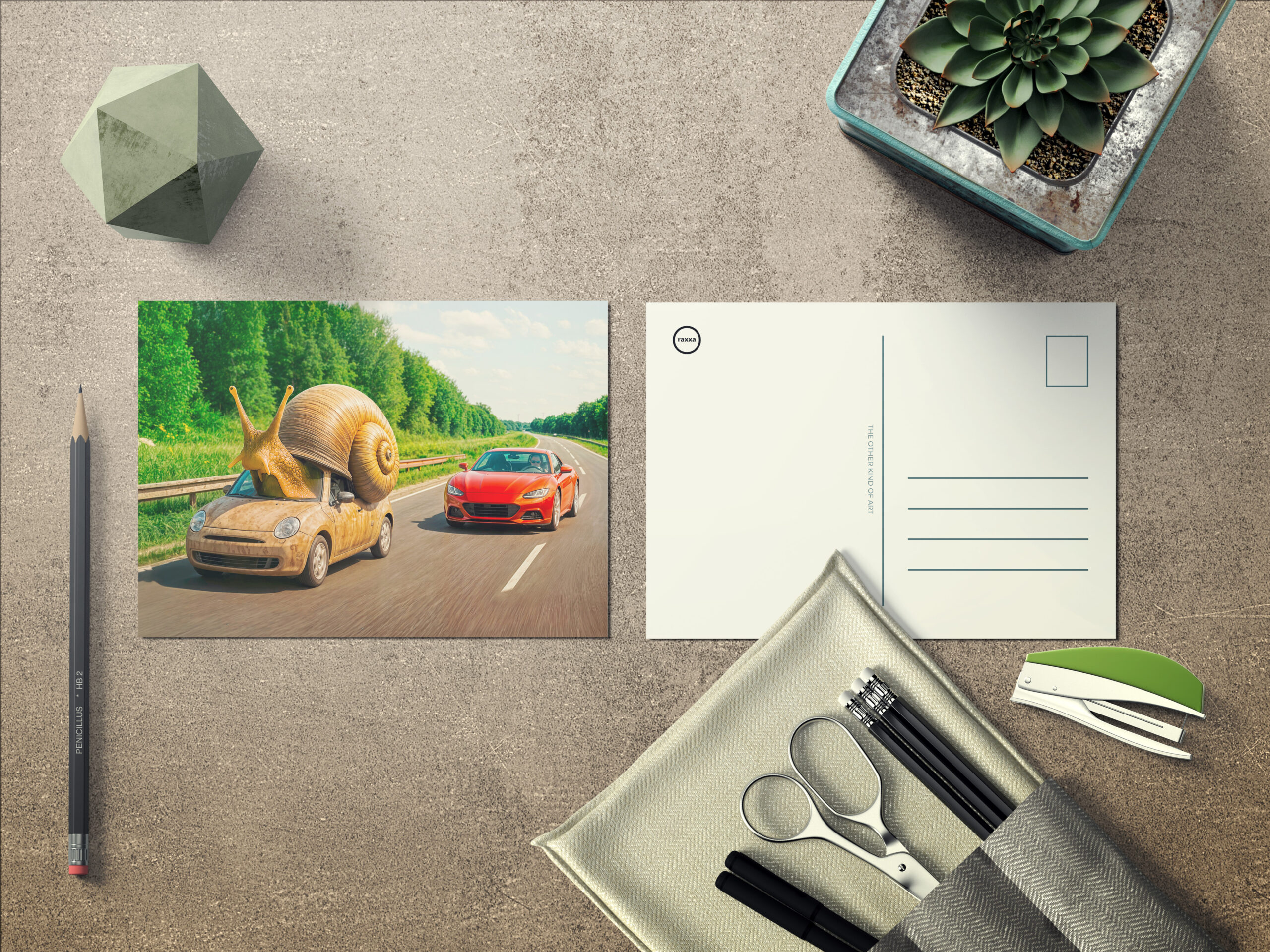raxxa Postkarte: Snail Car Crawling on Country Road
