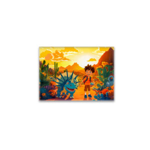 raxxa Glas-Magnet: Anime boy walking Triceratops at sunset