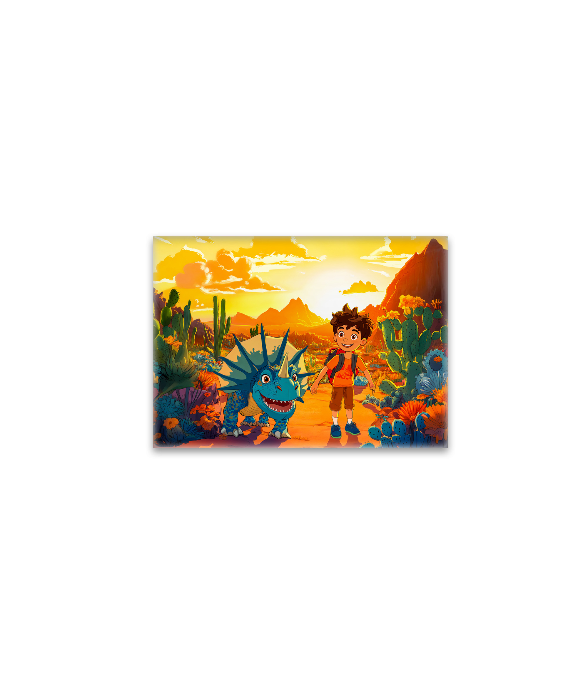 raxxa Glas-Magnet: Anime boy walking Triceratops at sunset