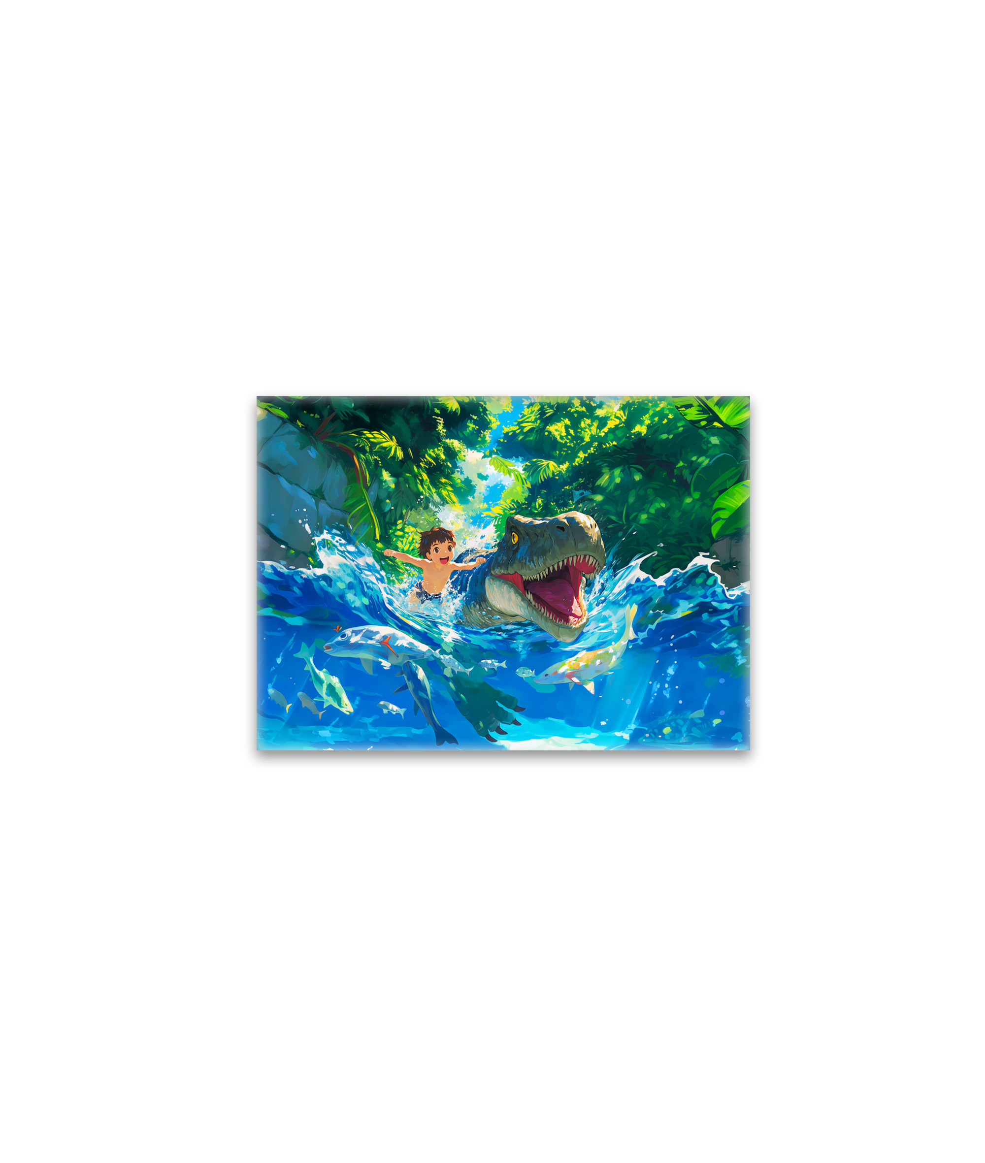 raxxa Glas-Magnet: Anime boy swimming with dinosaur in sea