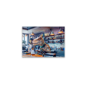 raxxa Glas-Magnet: Dinosaur Barista in a Modern Café