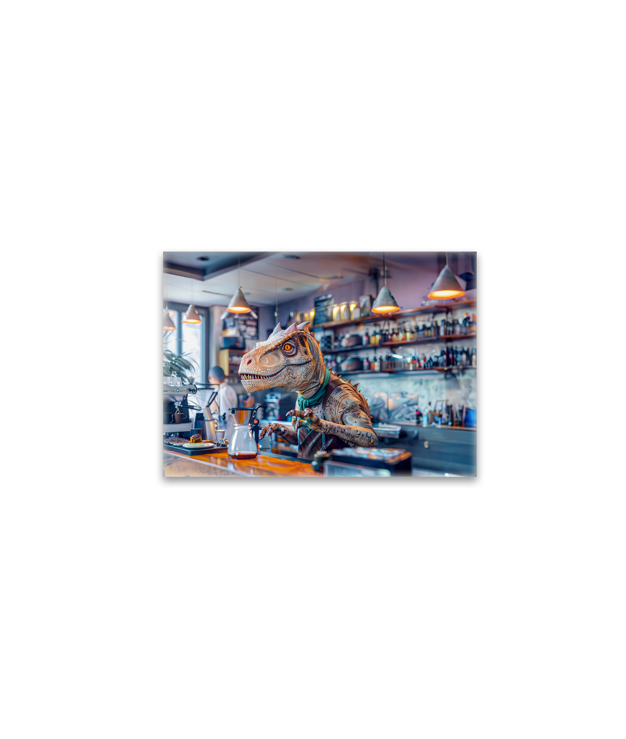 raxxa Glas-Magnet: Dinosaur Barista in a Modern Café