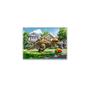 raxxa Glas-Magnet: Dinosaur Mowing Lawn in Suburbia