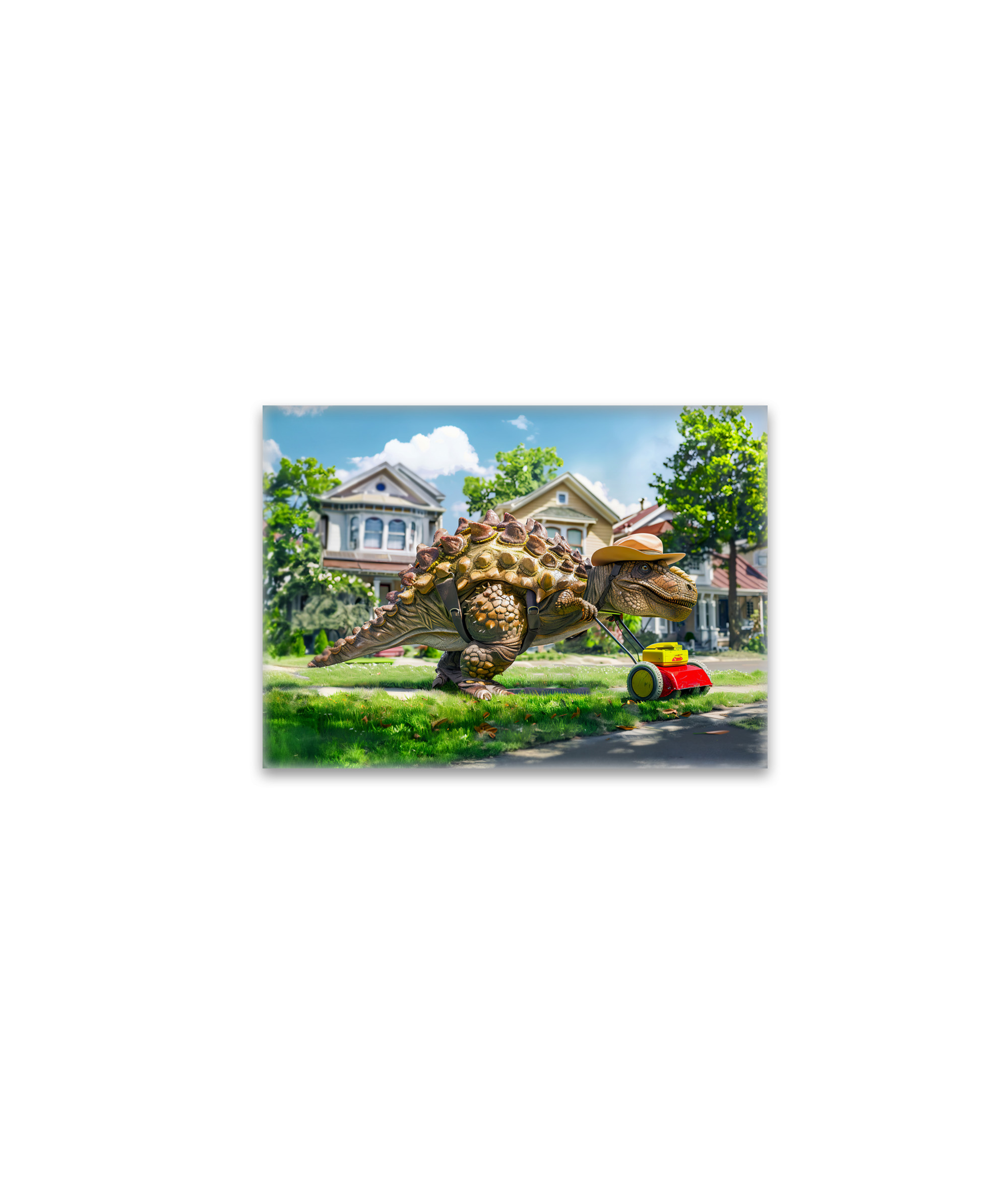 raxxa Glas-Magnet: Dinosaur Mowing Lawn in Suburbia
