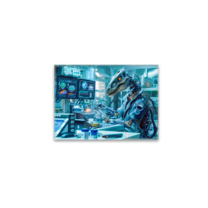 raxxa Glas-Magnet: Cyborg Dinosaur at a High-Tech Workstation
