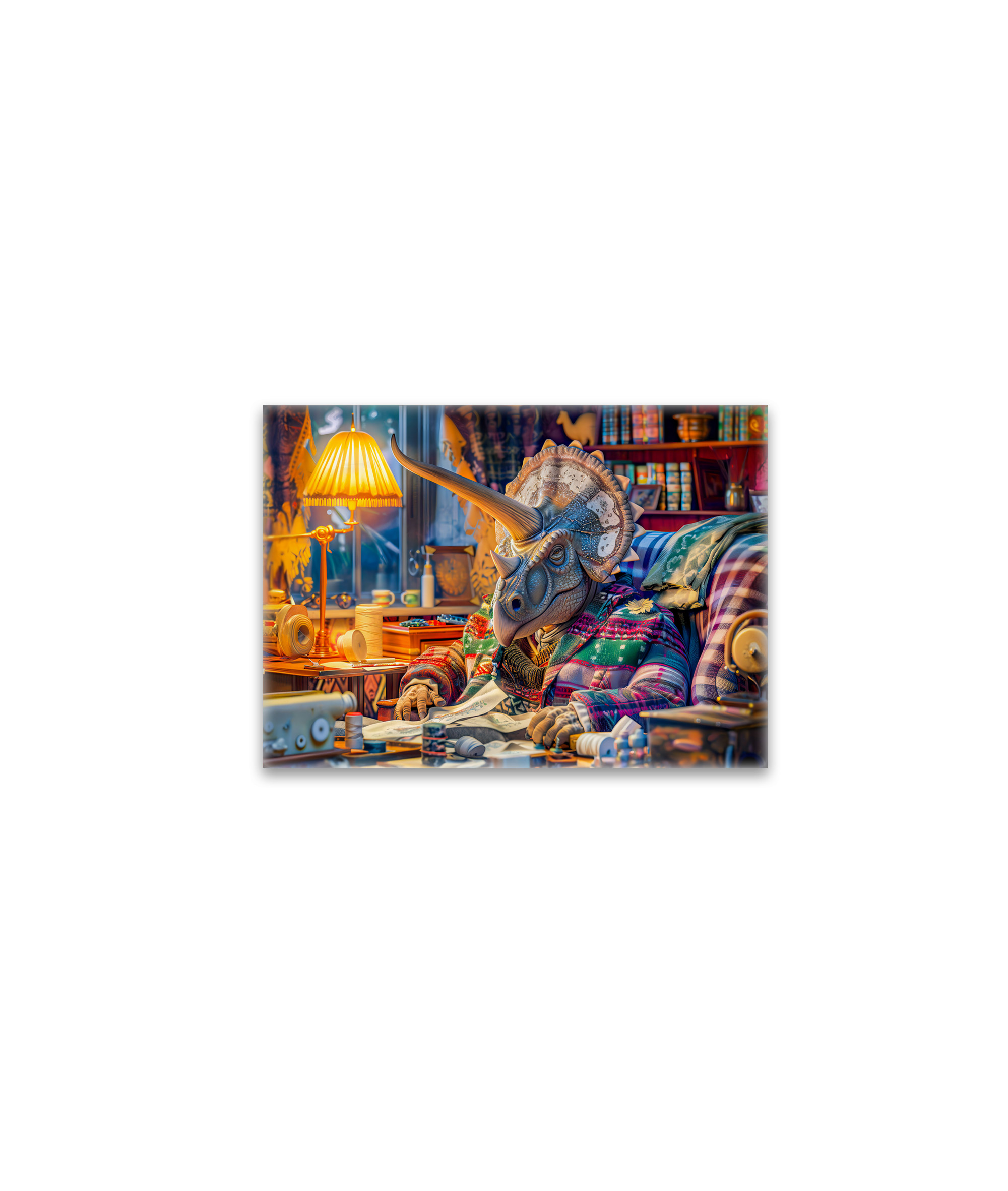 raxxa Glas-Magnet: Knitting Triceratops in a Cozy Armchair