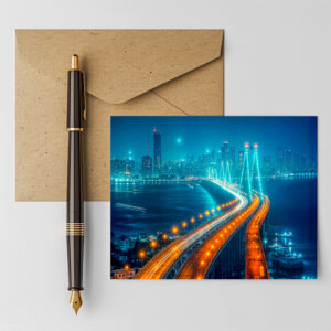raxxa Postkarte: City at Night, Illuminated Bridge Over River